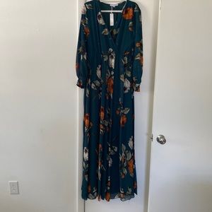 Forest green floral long sleeve long dress